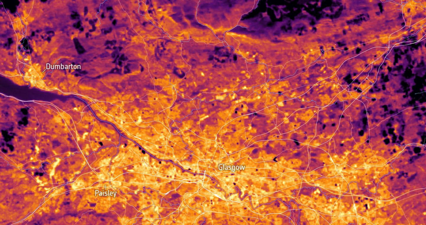 Satellite image of Glasgow land surface temperature (Credit ESA, NCEO, University of Leicester)
